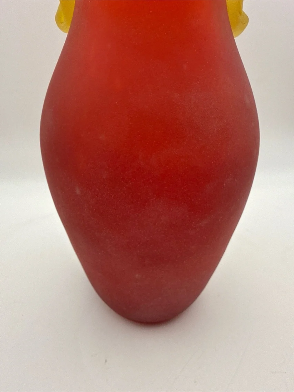 Murano Style Glass Vase Amphora Roman Style Red w/ Yellow Scroll Handles Scavo